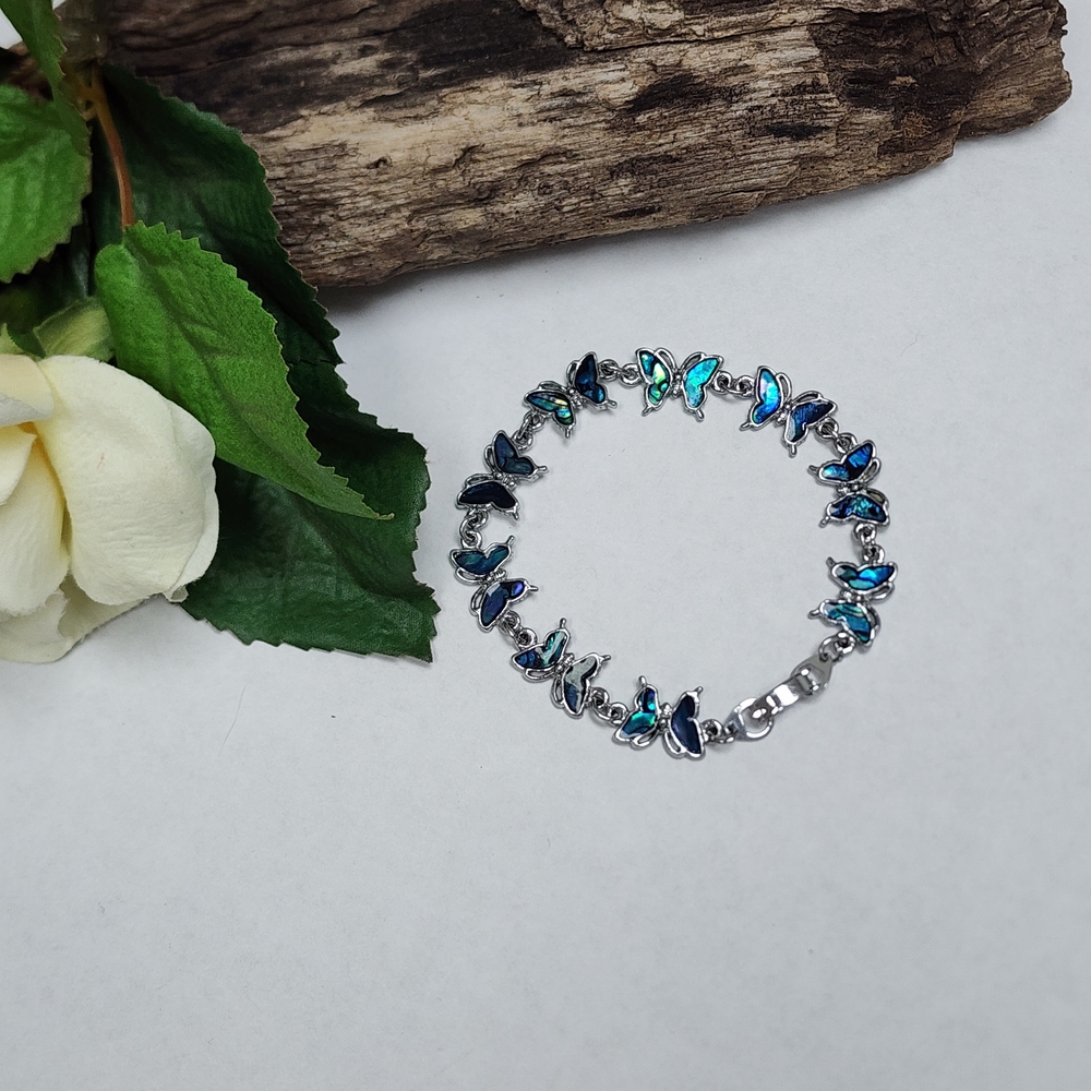 Silver Toned Butterfly Bracelet With Abalone Shell Butterflies